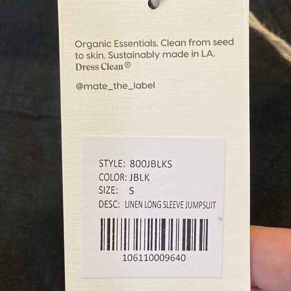 Mate The Label Women's Linen LS Jumpsuit SMALL Black Cropped Organic Pockets - Picture 5 of 10